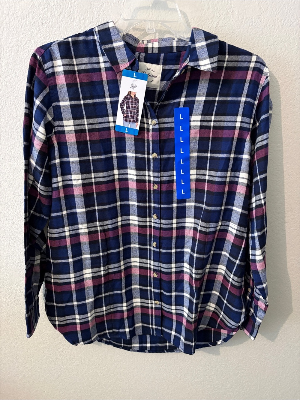 Jachs Girlfriend Navy, Purple & White Plaid Button-Down Soft Flannel Shirt
